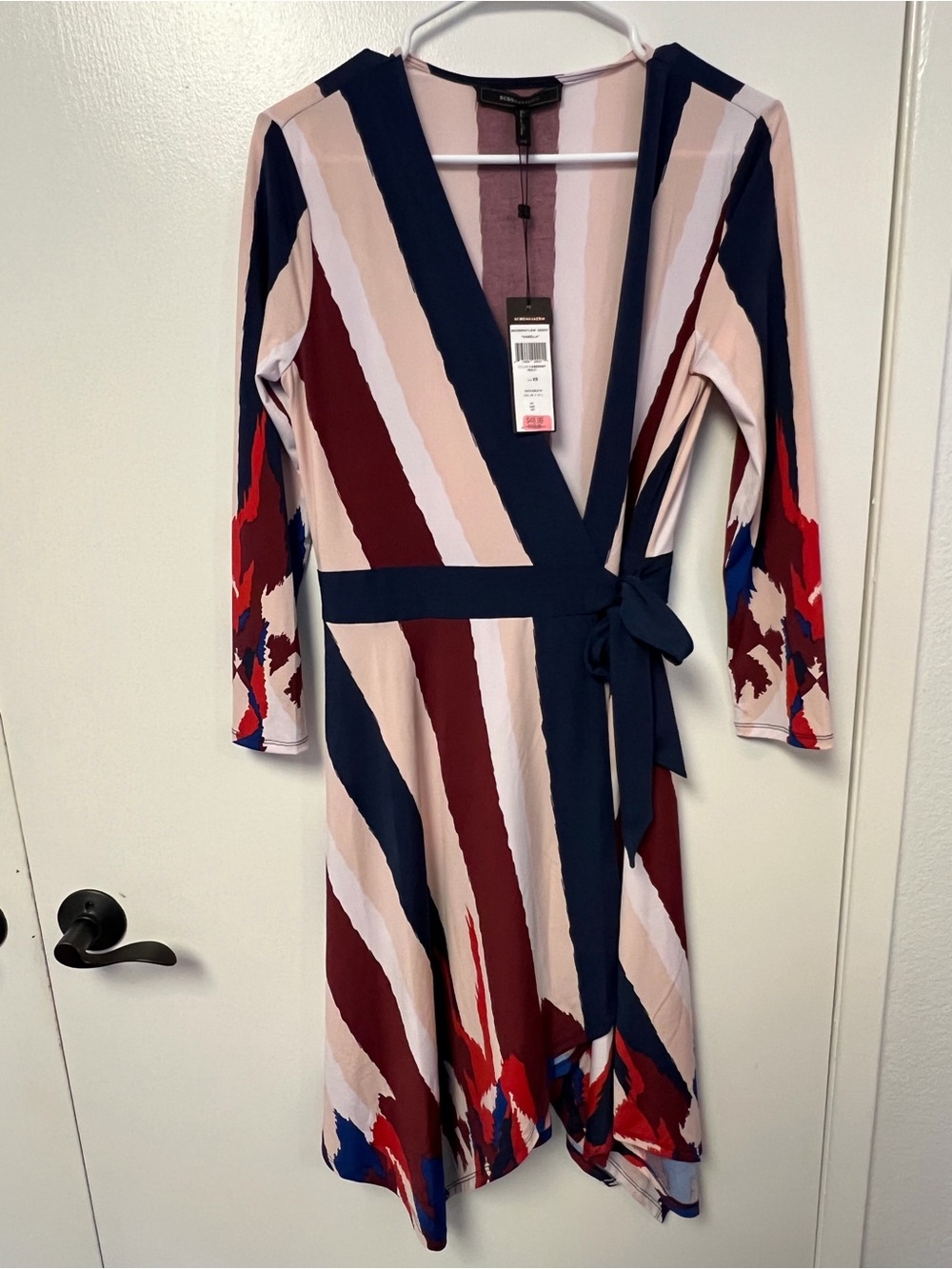 BCBGMaxAzria Striped & Abstract Print Wrap Dress in Navy, Burgundy & Blush
